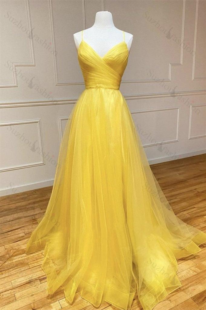 Amazing Yellow Prom Dress Spaghetti Strap Sleeveless V Neck Evening Formal Dress