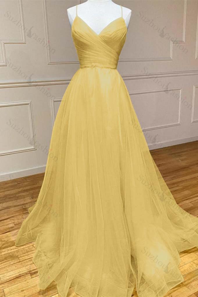 Amazing Yellow Prom Dress Spaghetti Strap Sleeveless V Neck Evening Formal Dress