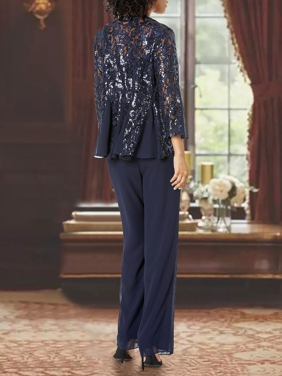 Ankle Length 3 Piece Chiffon Pantsuit With Square Neck And Applique For Mother Of The Bride