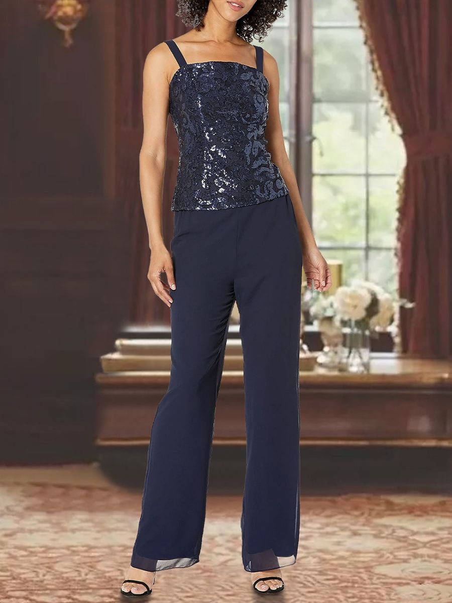 Ankle Length 3 Piece Chiffon Pantsuit With Square Neck And Applique For Mother Of The Bride