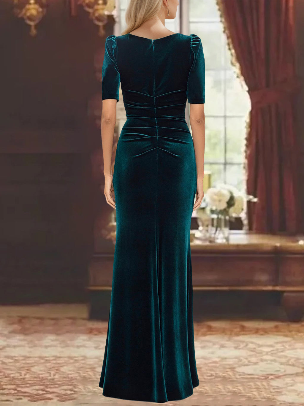 Ankle Length A Line Scoop Neck Mother of the Bride Dress with Half Sleeves and Ruffles