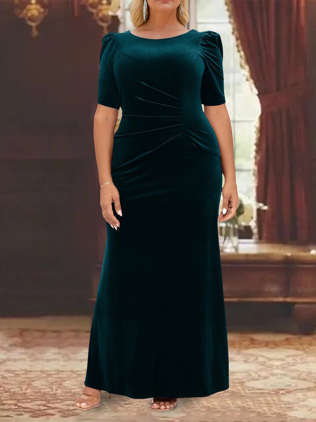 Ankle Length A Line Scoop Neck Mother of the Bride Dress with Half Sleeves and Ruffles