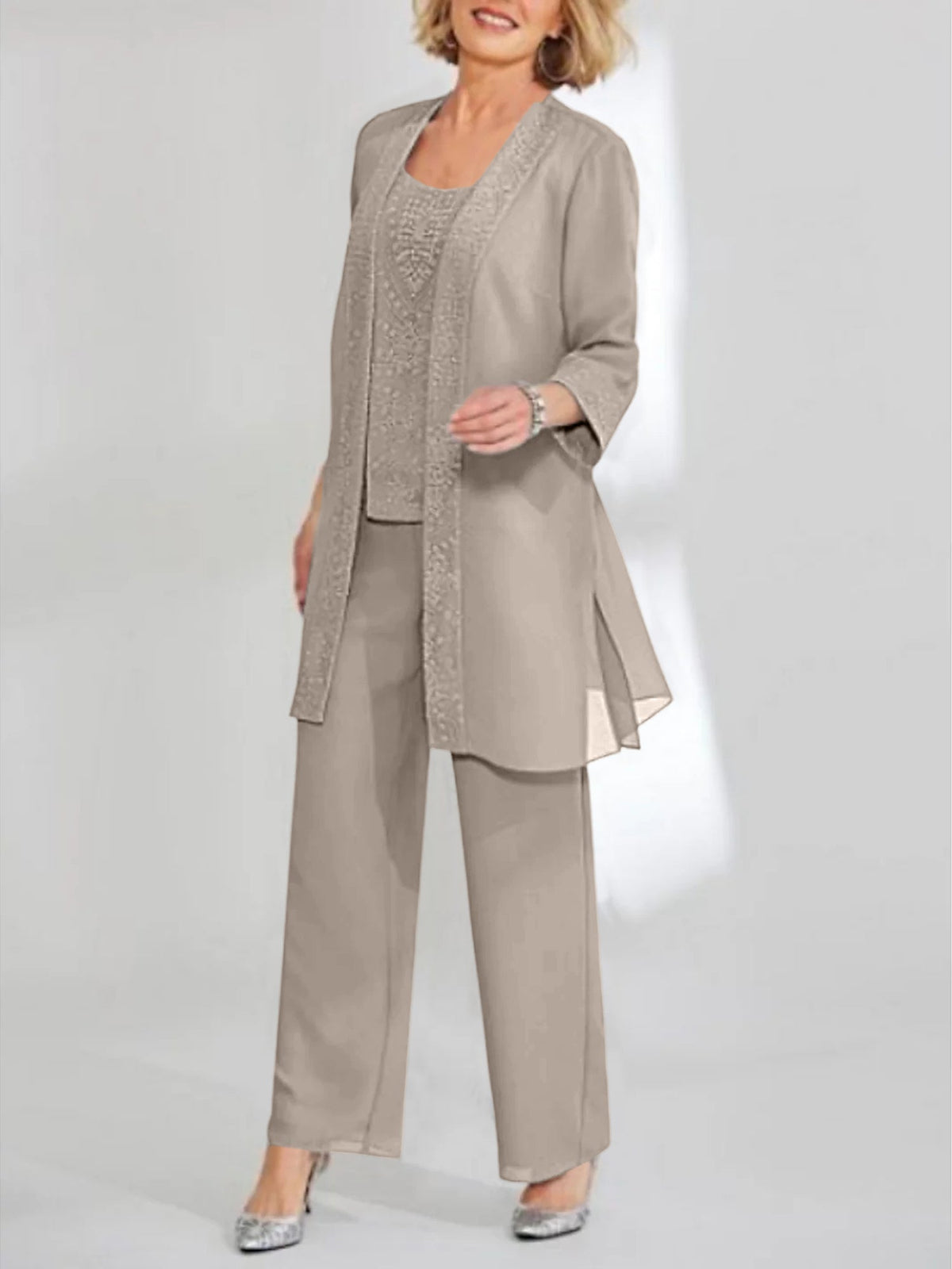 Ankle Length Chiffon Mother of the Bride Pantsuit with Jacket in Scoop Style