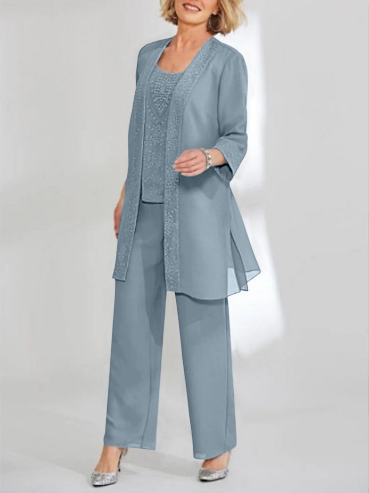Ankle Length Chiffon Mother of the Bride Pantsuit with Jacket in Scoop Style