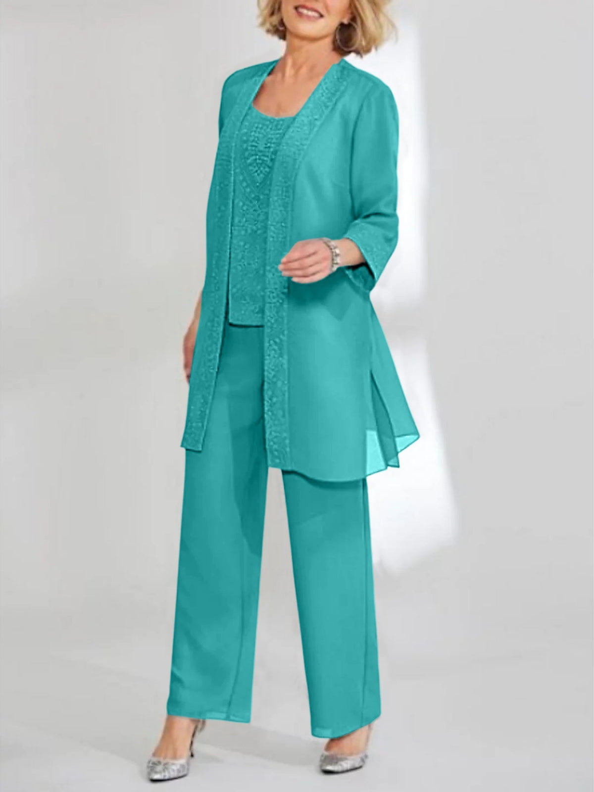 Ankle Length Chiffon Mother of the Bride Pantsuit with Jacket in Scoop Style