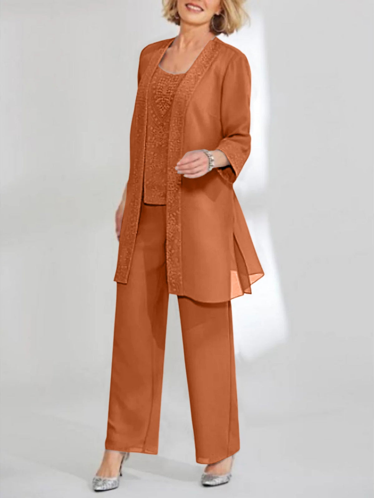 Ankle Length Chiffon Mother of the Bride Pantsuit with Jacket in Scoop Style