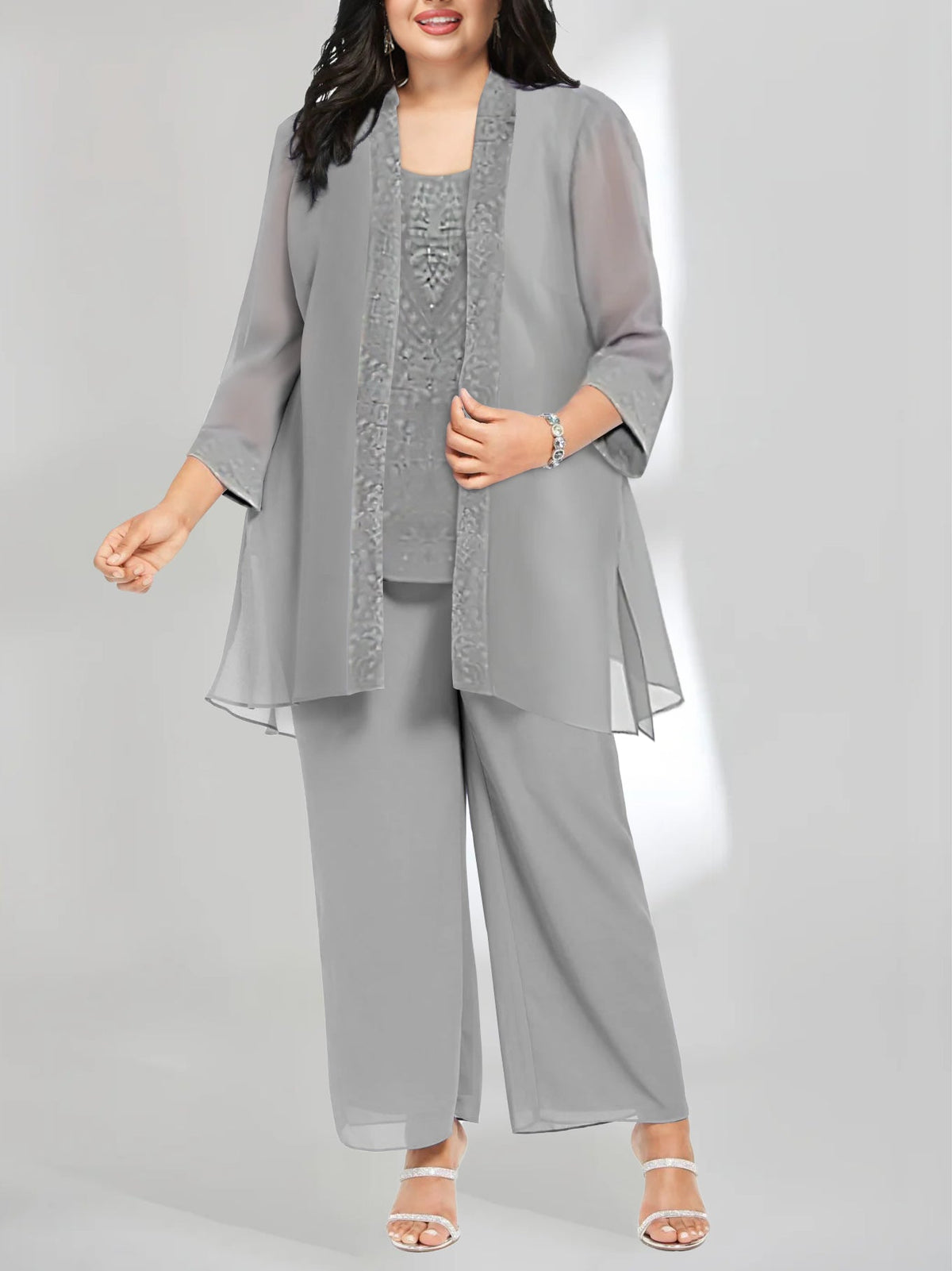Ankle Length Chiffon Mother of the Bride Pantsuit with Jacket in Scoop Style