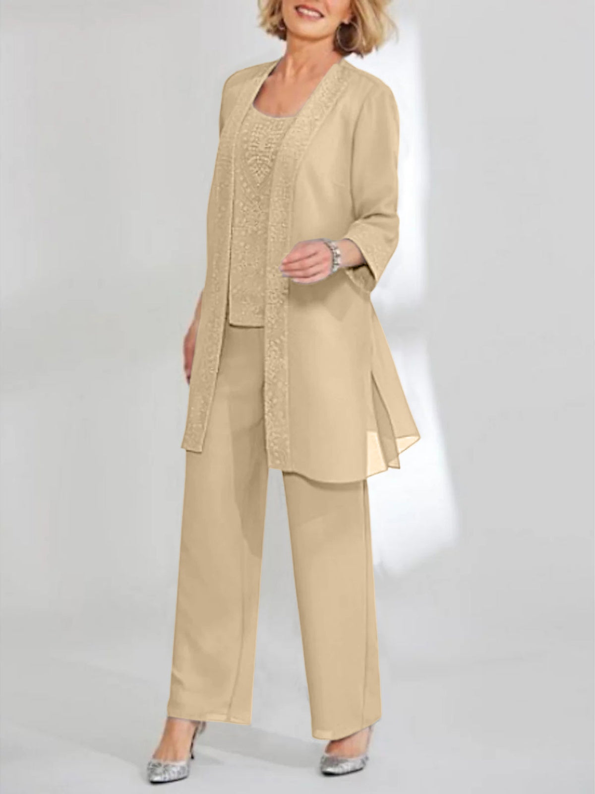 Ankle Length Chiffon Mother of the Bride Pantsuit with Jacket in Scoop Style