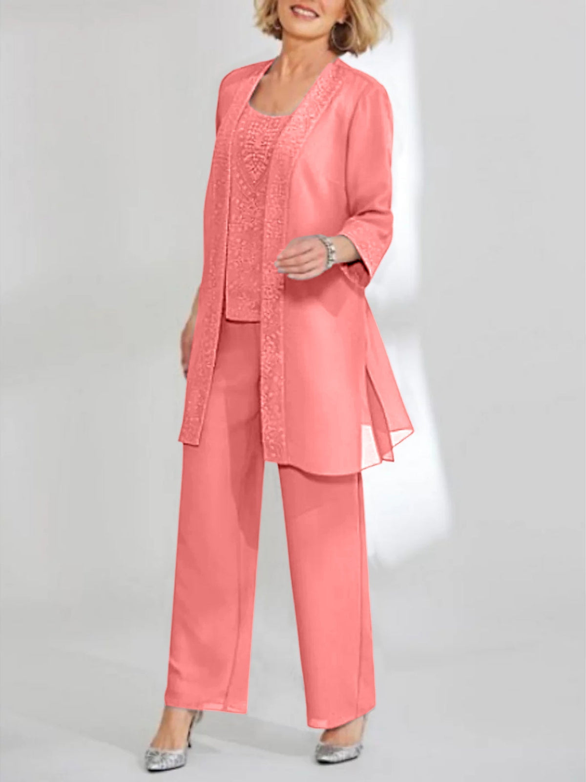 Ankle Length Chiffon Mother of the Bride Pantsuit with Jacket in Scoop Style