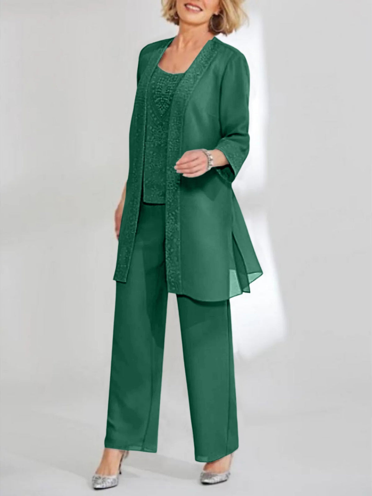 Ankle Length Chiffon Mother of the Bride Pantsuit with Jacket in Scoop Style
