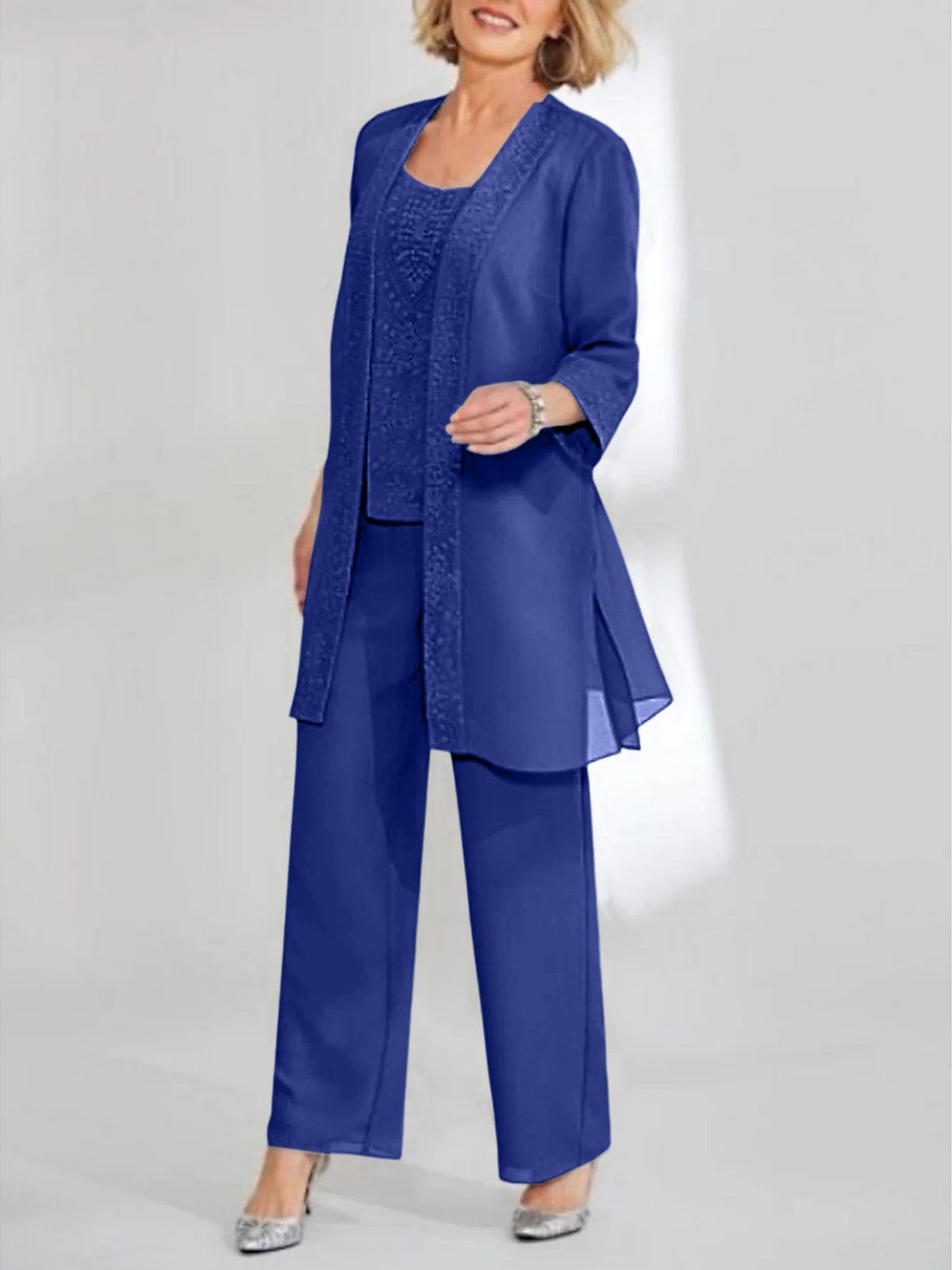 Ankle Length Chiffon Mother of the Bride Pantsuit with Jacket in Scoop Style