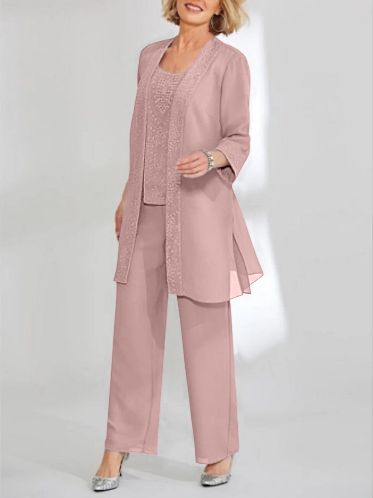 Ankle Length Chiffon Mother of the Bride Pantsuit with Jacket in Scoop Style