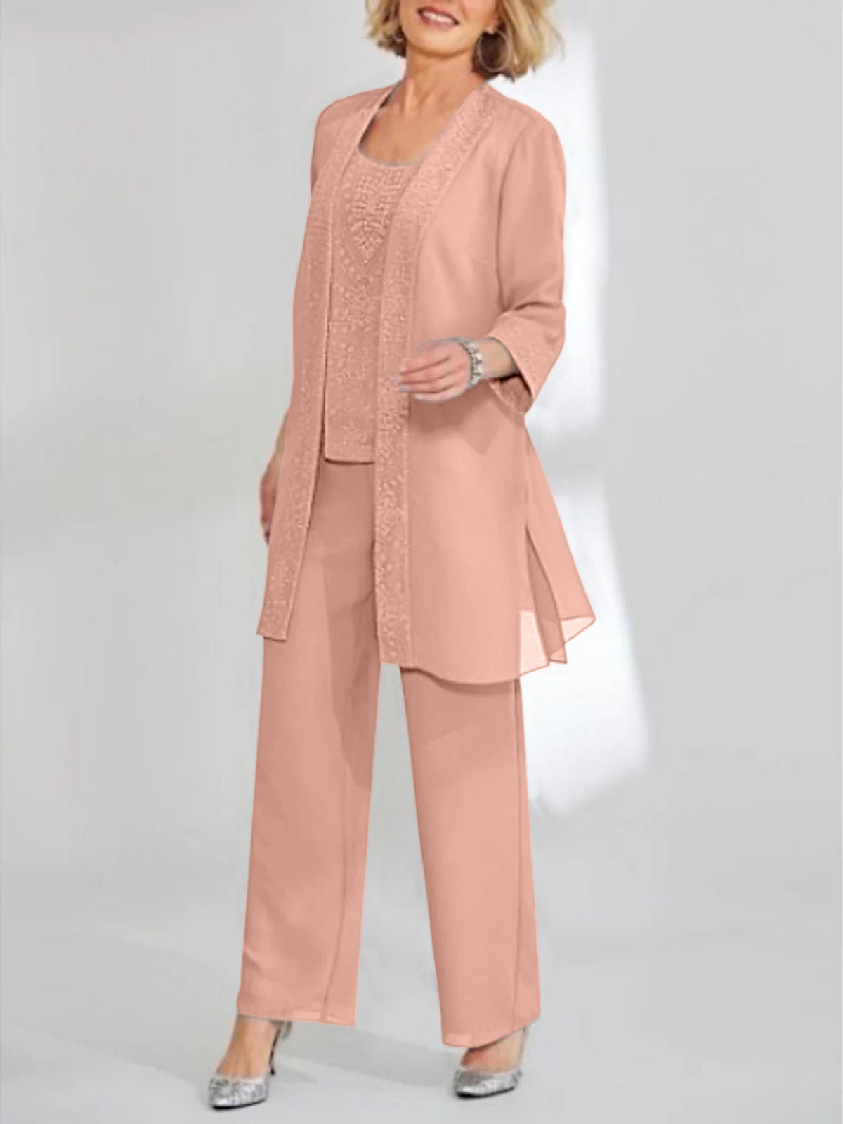 Ankle Length Chiffon Mother of the Bride Pantsuit with Jacket in Scoop Style