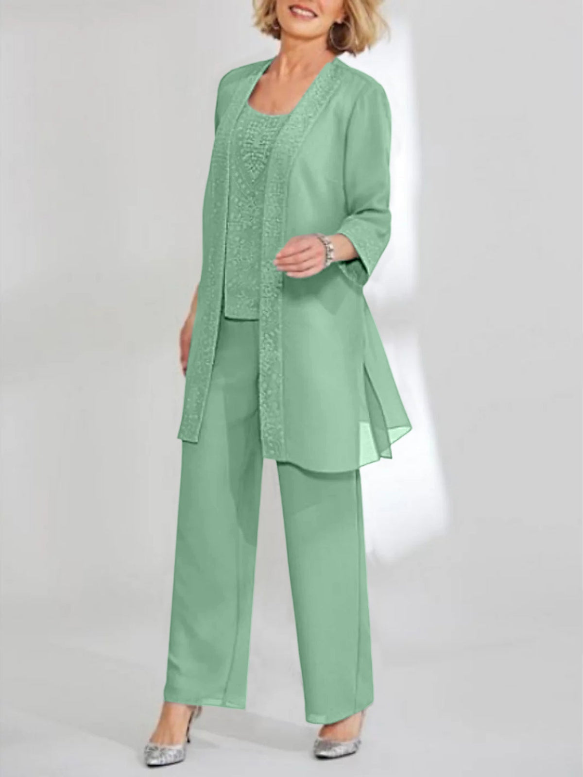 Ankle Length Chiffon Mother of the Bride Pantsuit with Jacket in Scoop Style