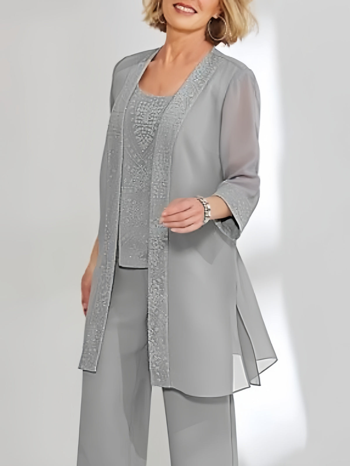 Ankle Length Chiffon Mother of the Bride Pantsuit with Jacket in Scoop Style