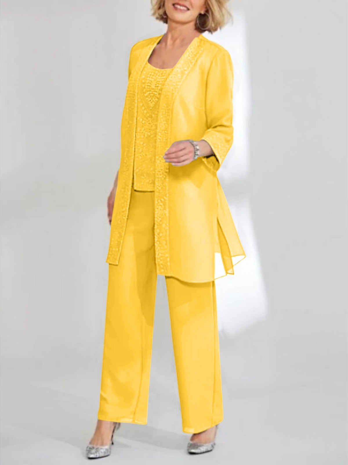 Ankle Length Chiffon Mother of the Bride Pantsuit with Jacket in Scoop Style