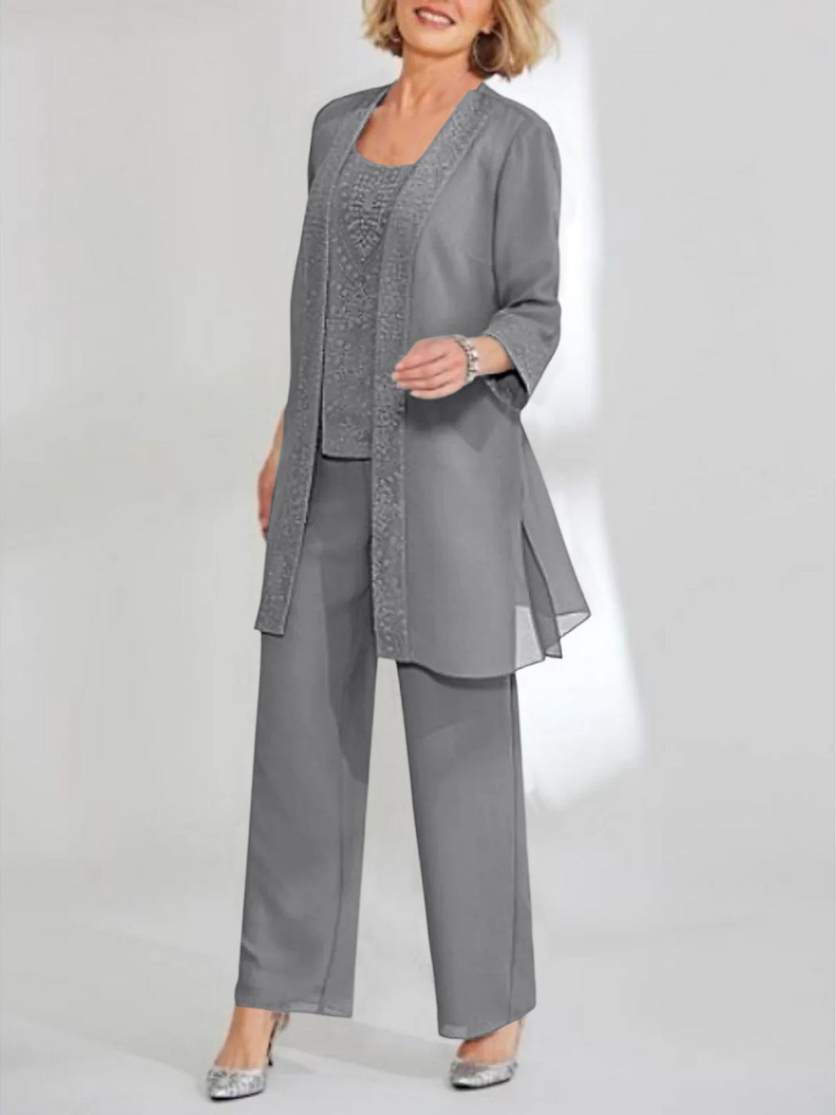 Ankle Length Chiffon Mother of the Bride Pantsuit with Jacket in Scoop Style