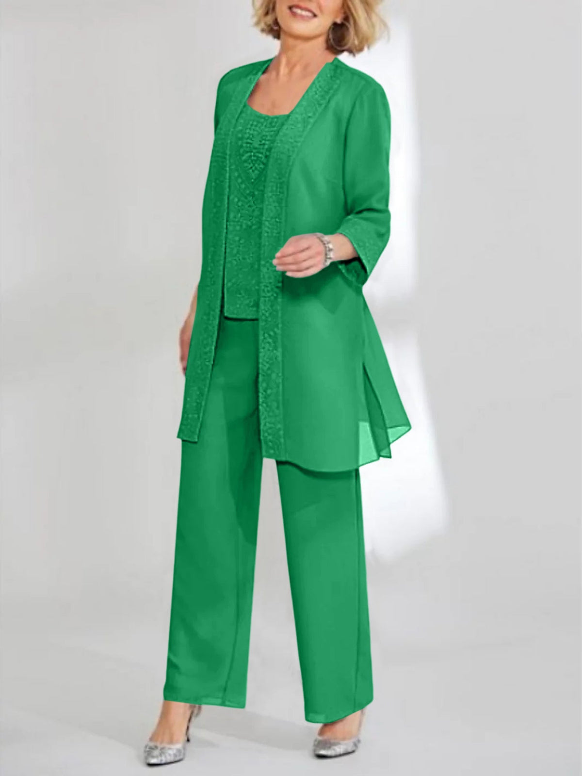 Ankle Length Chiffon Mother of the Bride Pantsuit with Jacket in Scoop Style