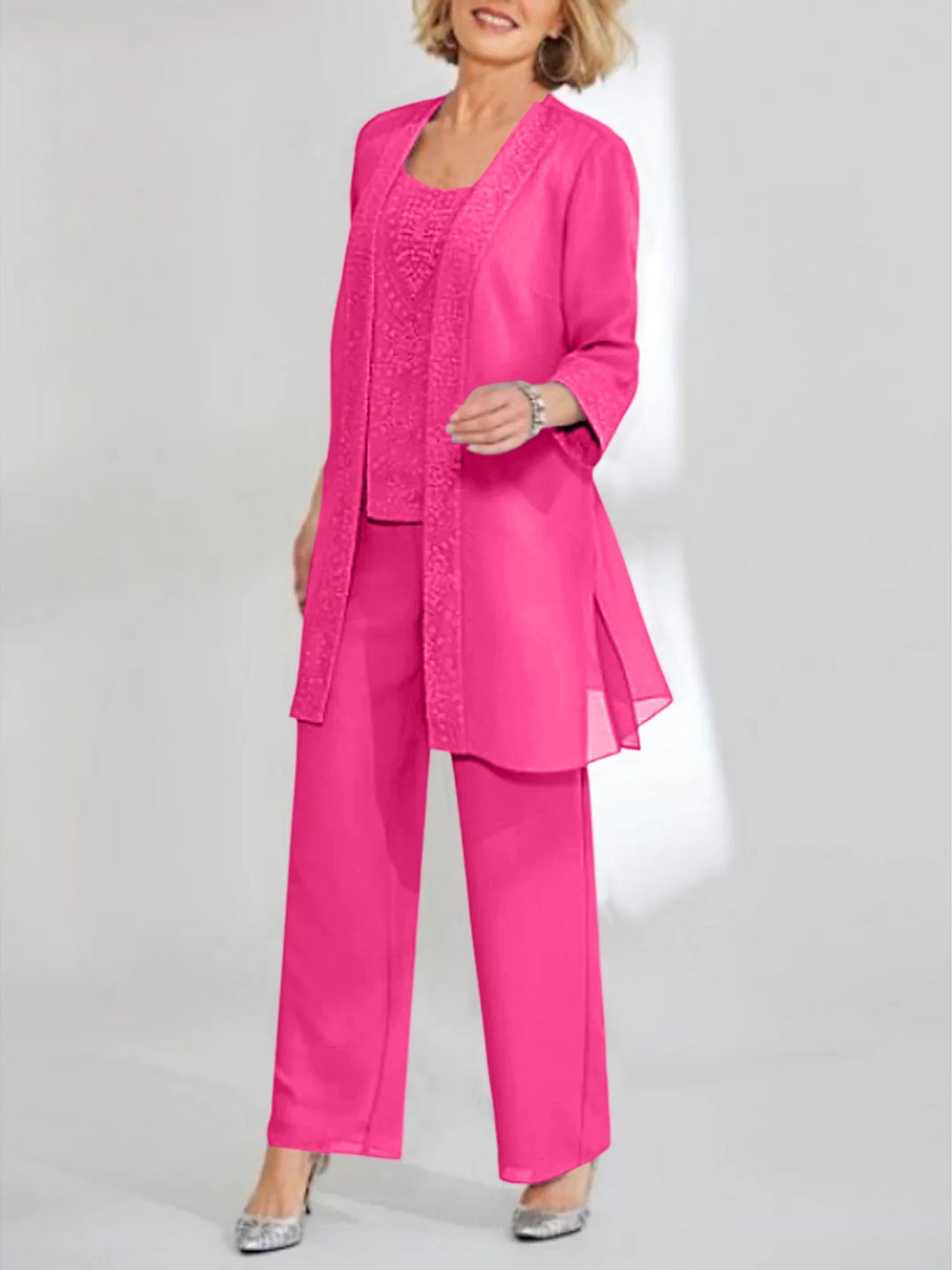 Ankle Length Chiffon Mother of the Bride Pantsuit with Jacket in Scoop Style