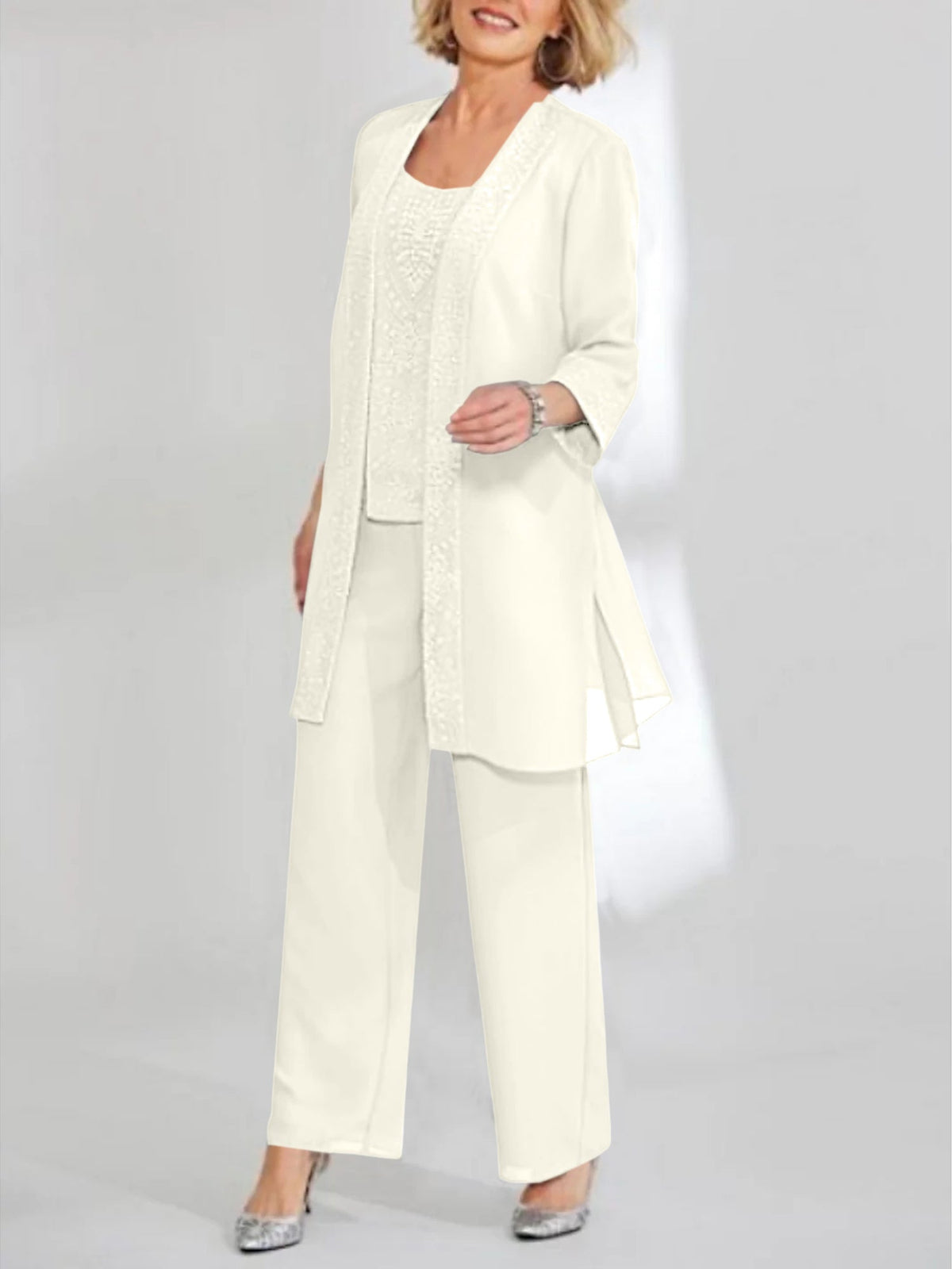 Ankle Length Chiffon Mother of the Bride Pantsuit with Jacket in Scoop Style