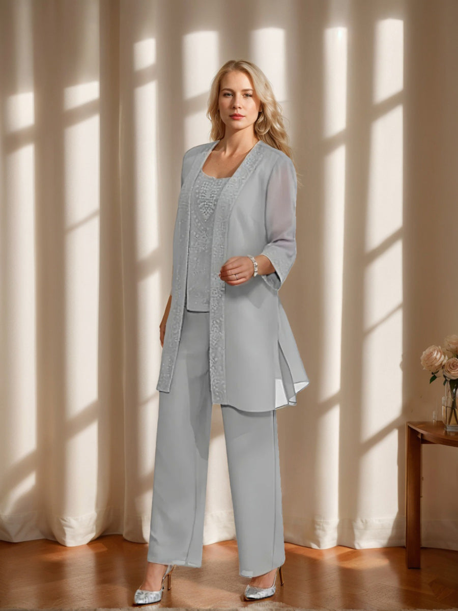 Ankle Length Chiffon Mother of the Bride Pantsuit with Jacket in Scoop Style