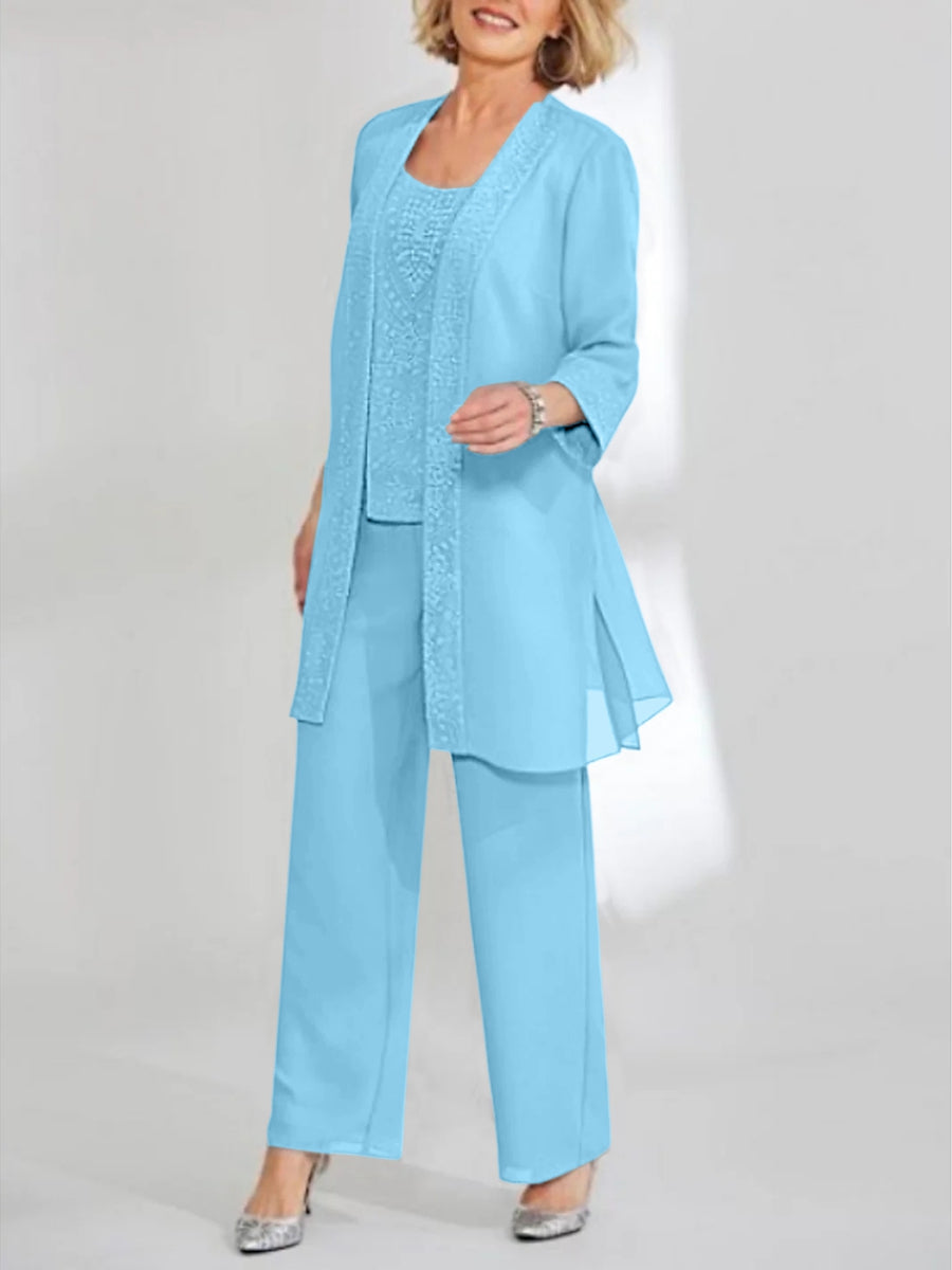 Ankle Length Chiffon Mother of the Bride Pantsuit with Jacket in Scoop Style