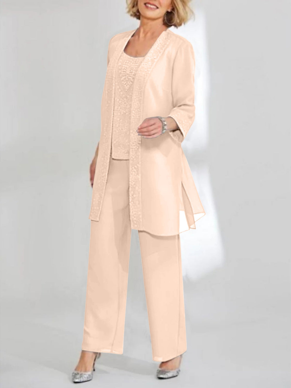 Ankle Length Chiffon Mother of the Bride Pantsuit with Jacket in Scoop Style