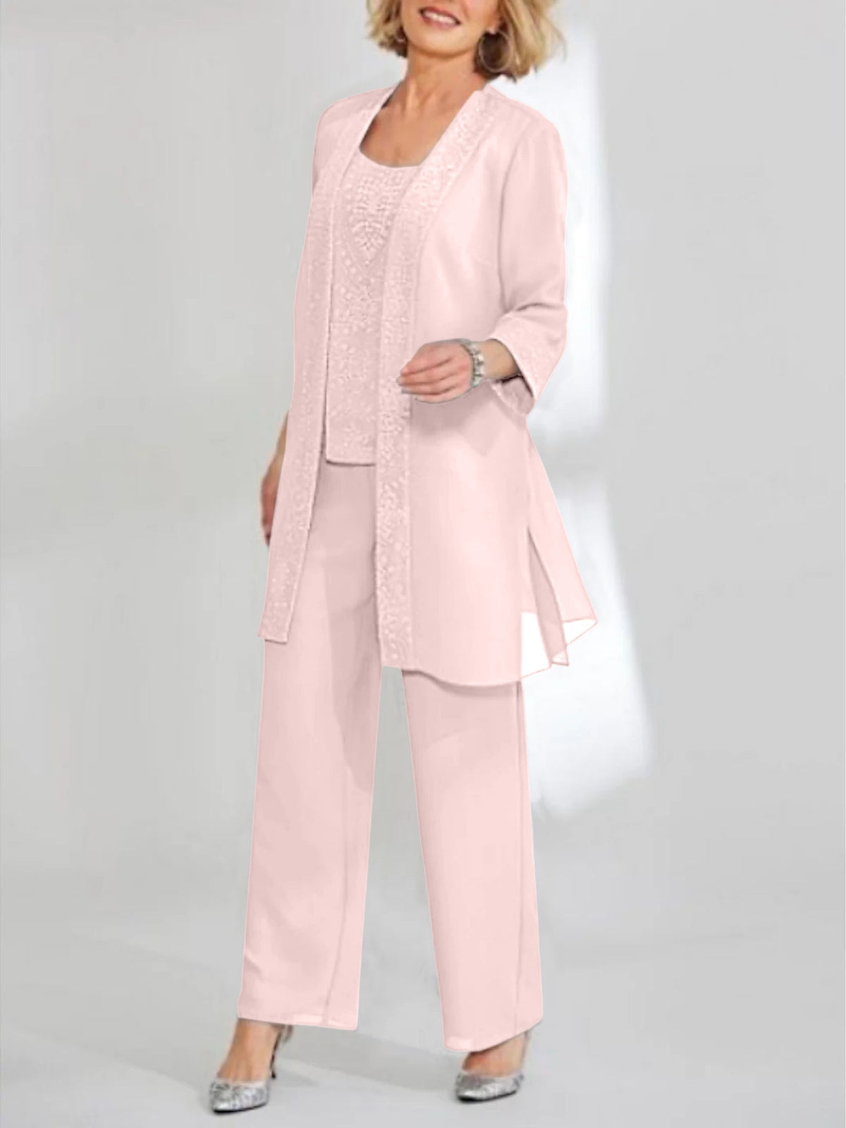 Ankle Length Chiffon Mother of the Bride Pantsuit with Jacket in Scoop Style