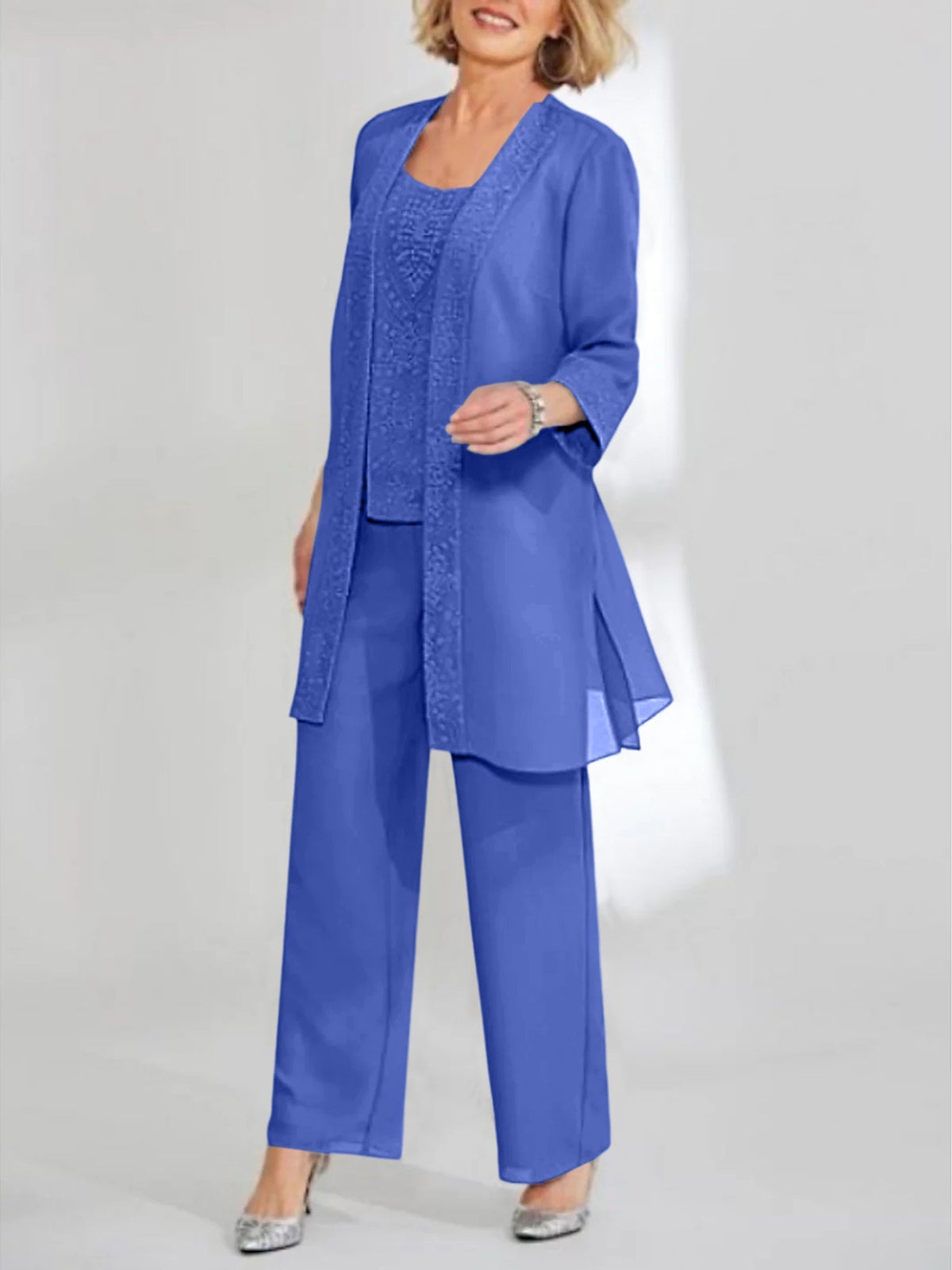 Ankle Length Chiffon Mother of the Bride Pantsuit with Jacket in Scoop Style