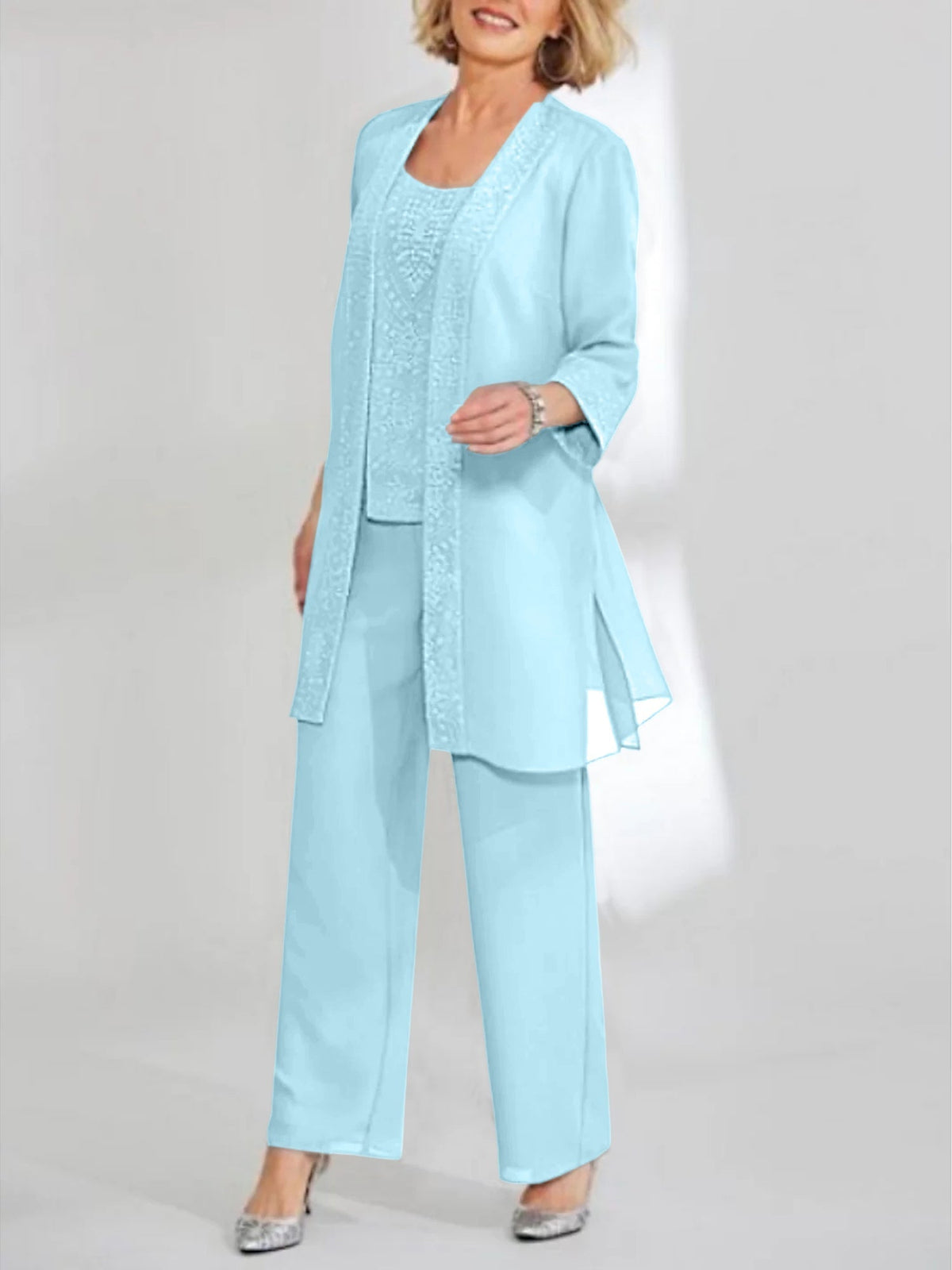 Ankle Length Chiffon Mother of the Bride Pantsuit with Jacket in Scoop Style