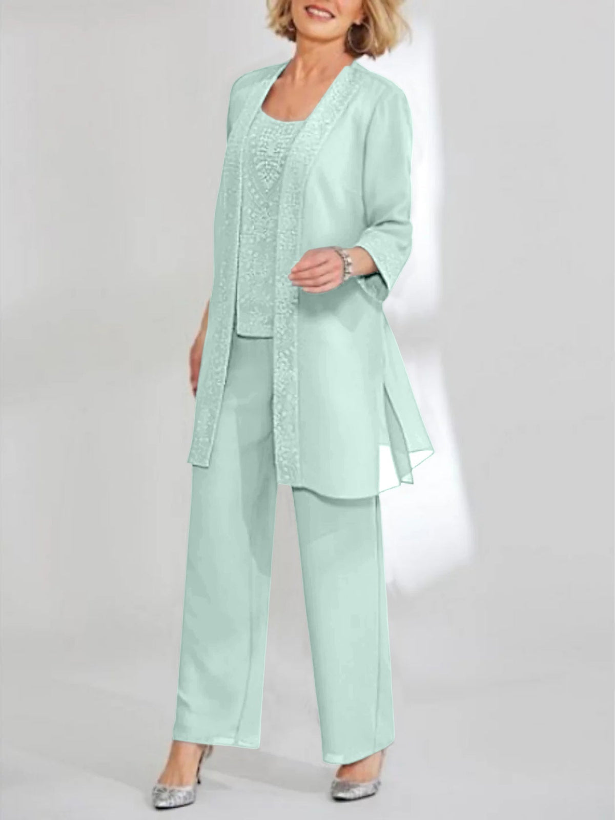 Ankle Length Chiffon Mother of the Bride Pantsuit with Jacket in Scoop Style