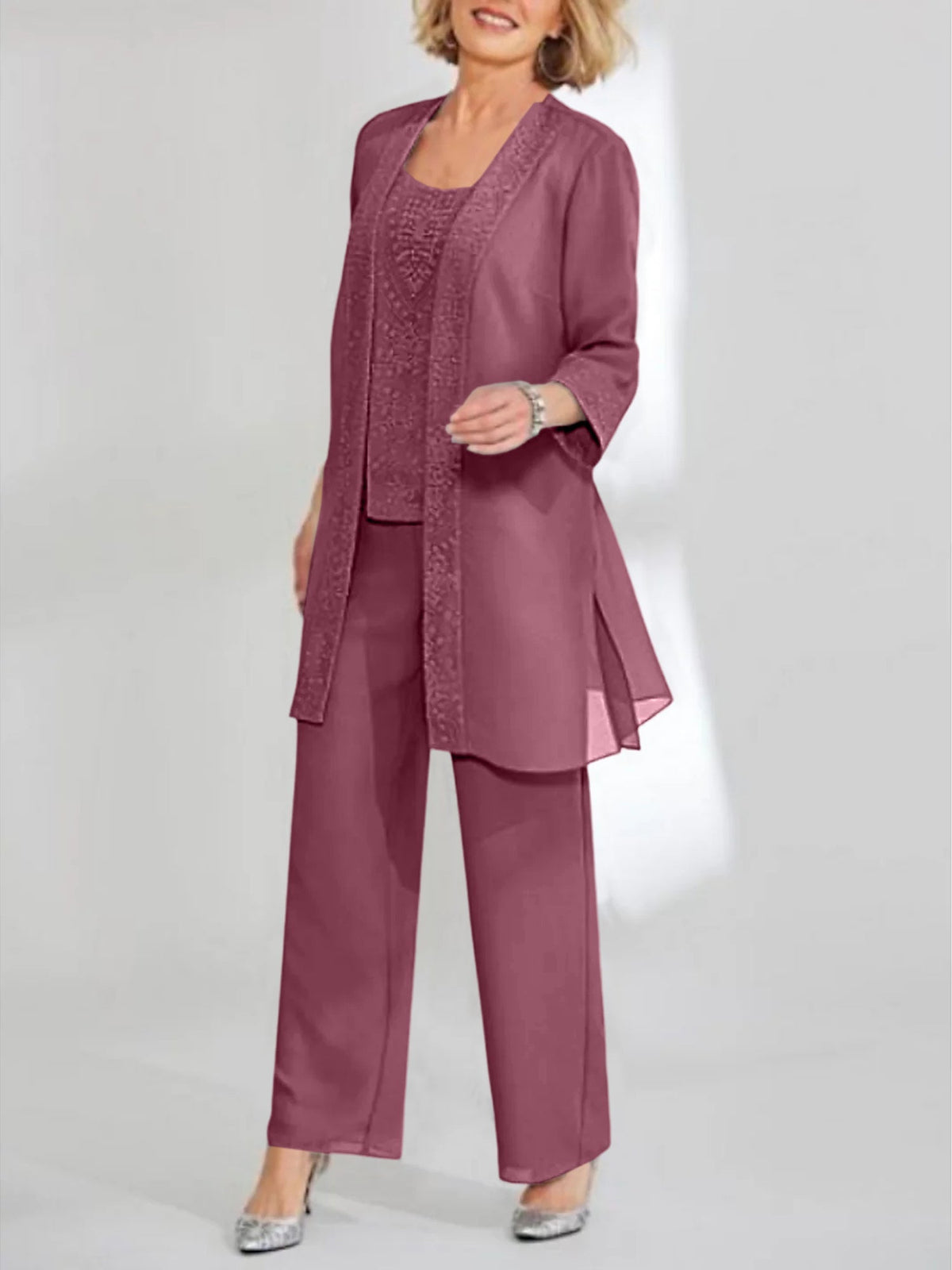Ankle Length Chiffon Mother of the Bride Pantsuit with Jacket in Scoop Style
