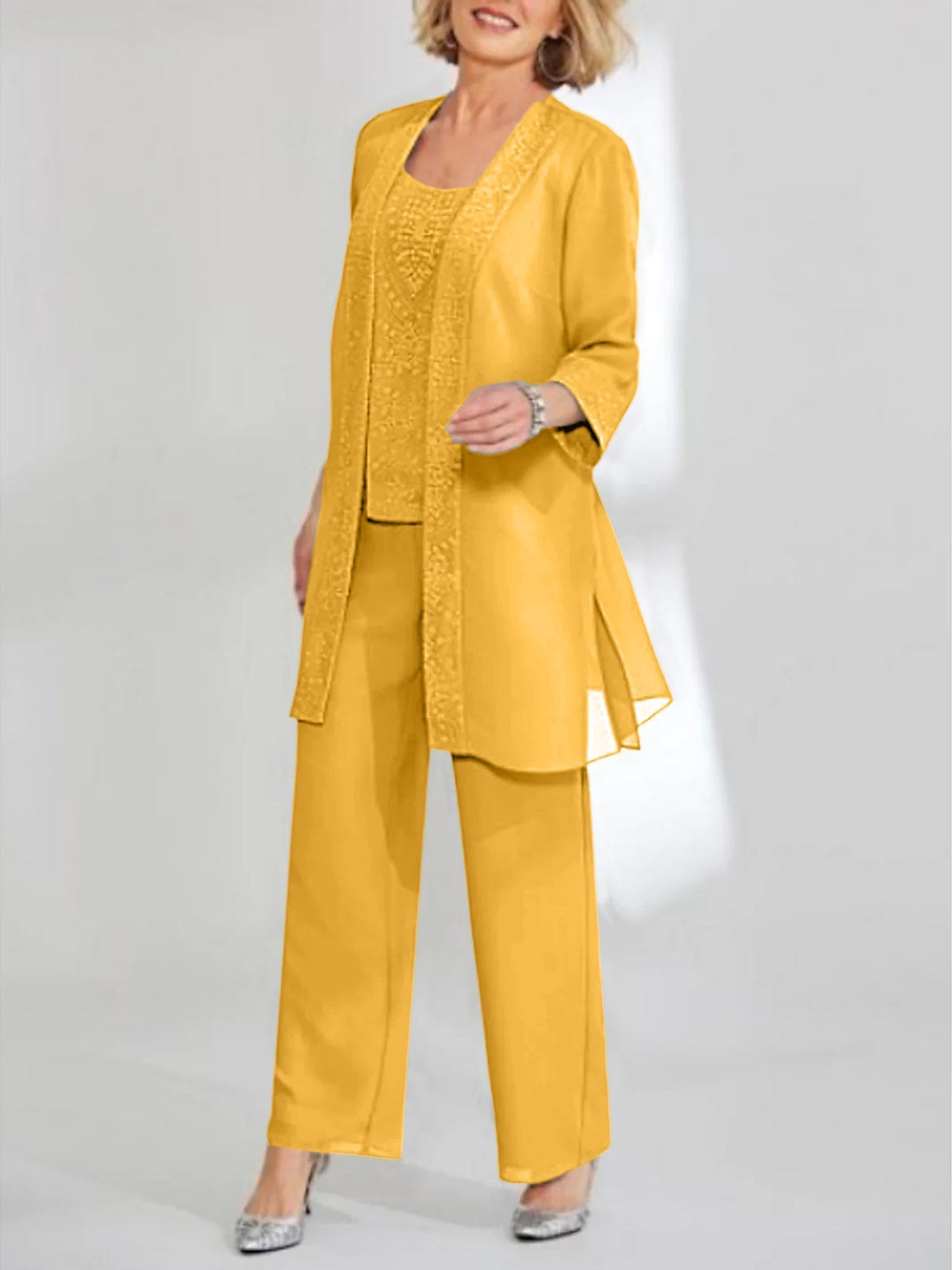 Ankle Length Chiffon Mother of the Bride Pantsuit with Jacket in Scoop Style