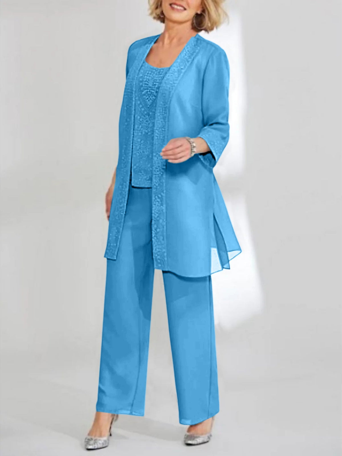 Ankle Length Chiffon Mother of the Bride Pantsuit with Jacket in Scoop Style
