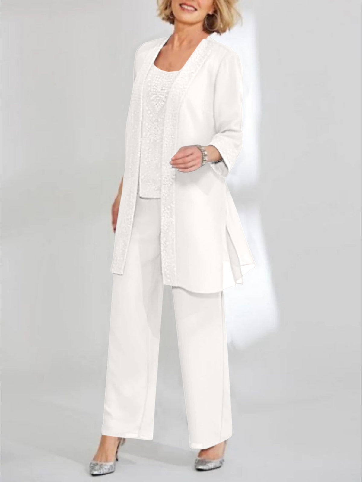 Ankle Length Chiffon Mother of the Bride Pantsuit with Jacket in Scoop Style
