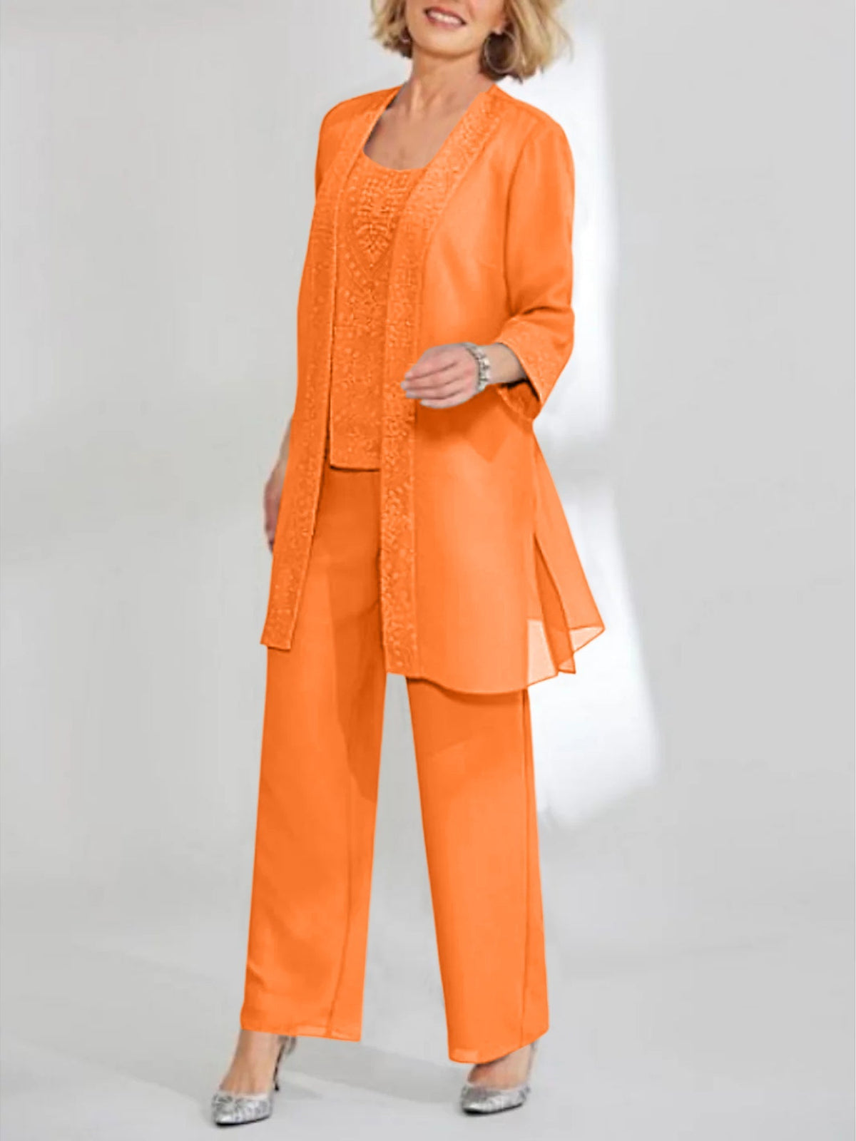 Ankle Length Chiffon Mother of the Bride Pantsuit with Jacket in Scoop Style