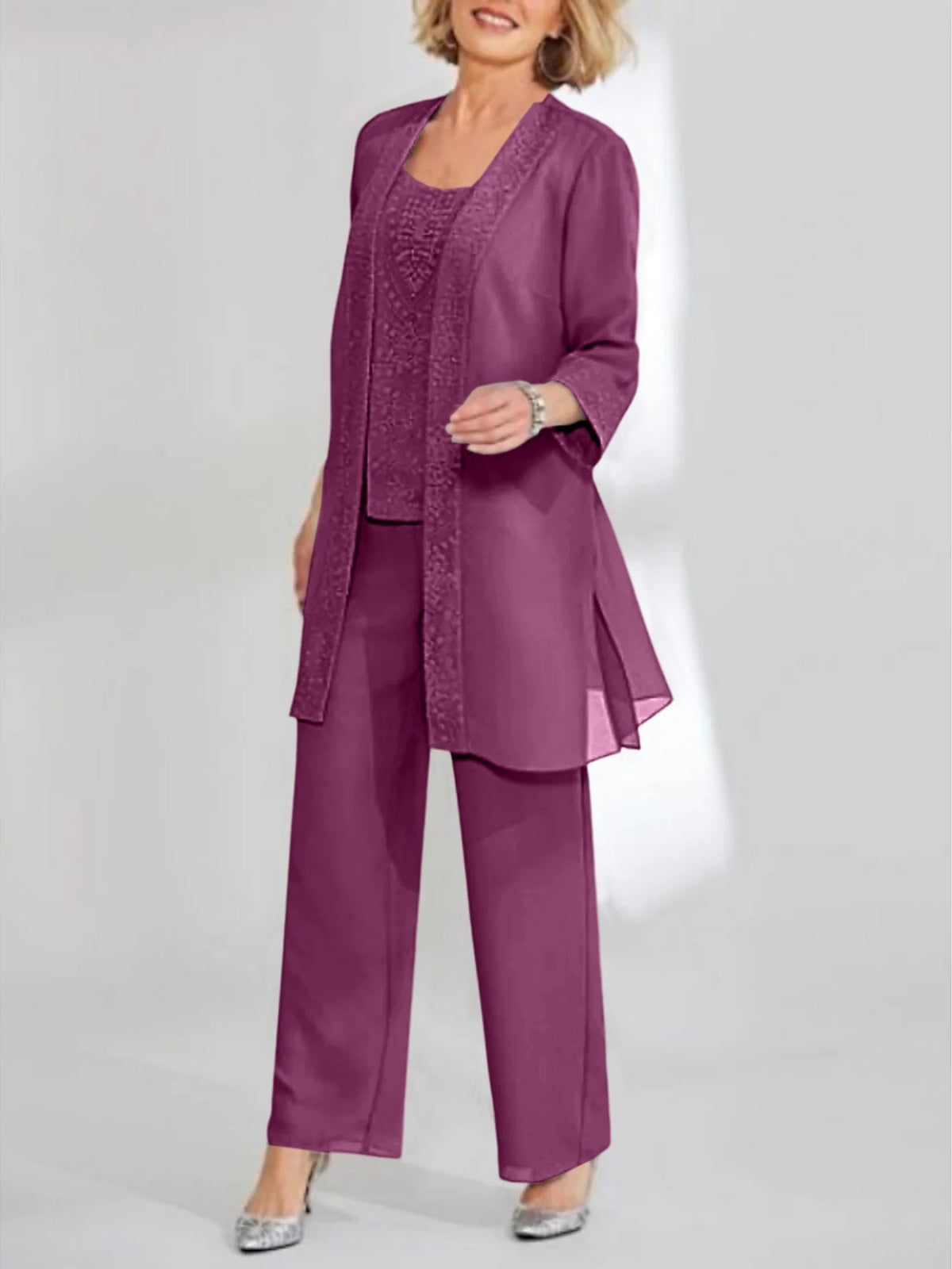 Ankle Length Chiffon Mother of the Bride Pantsuit with Jacket in Scoop Style