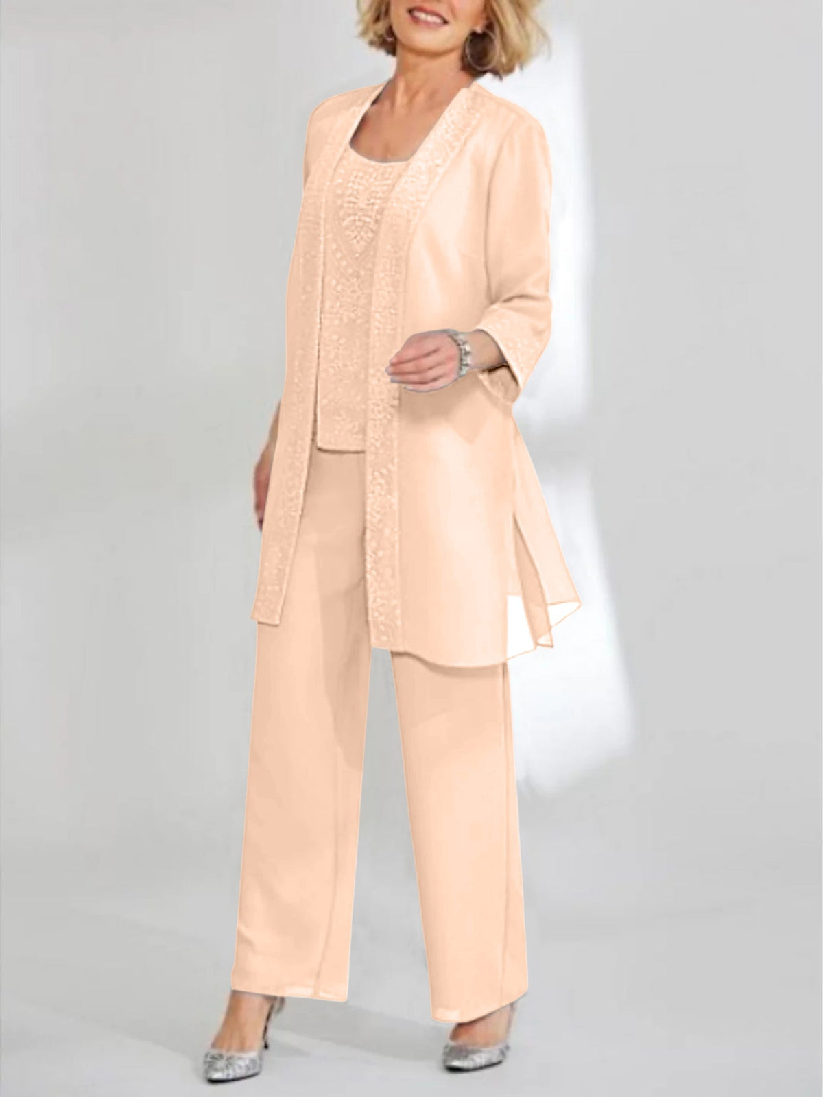 Ankle Length Chiffon Mother of the Bride Pantsuit with Jacket in Scoop Style