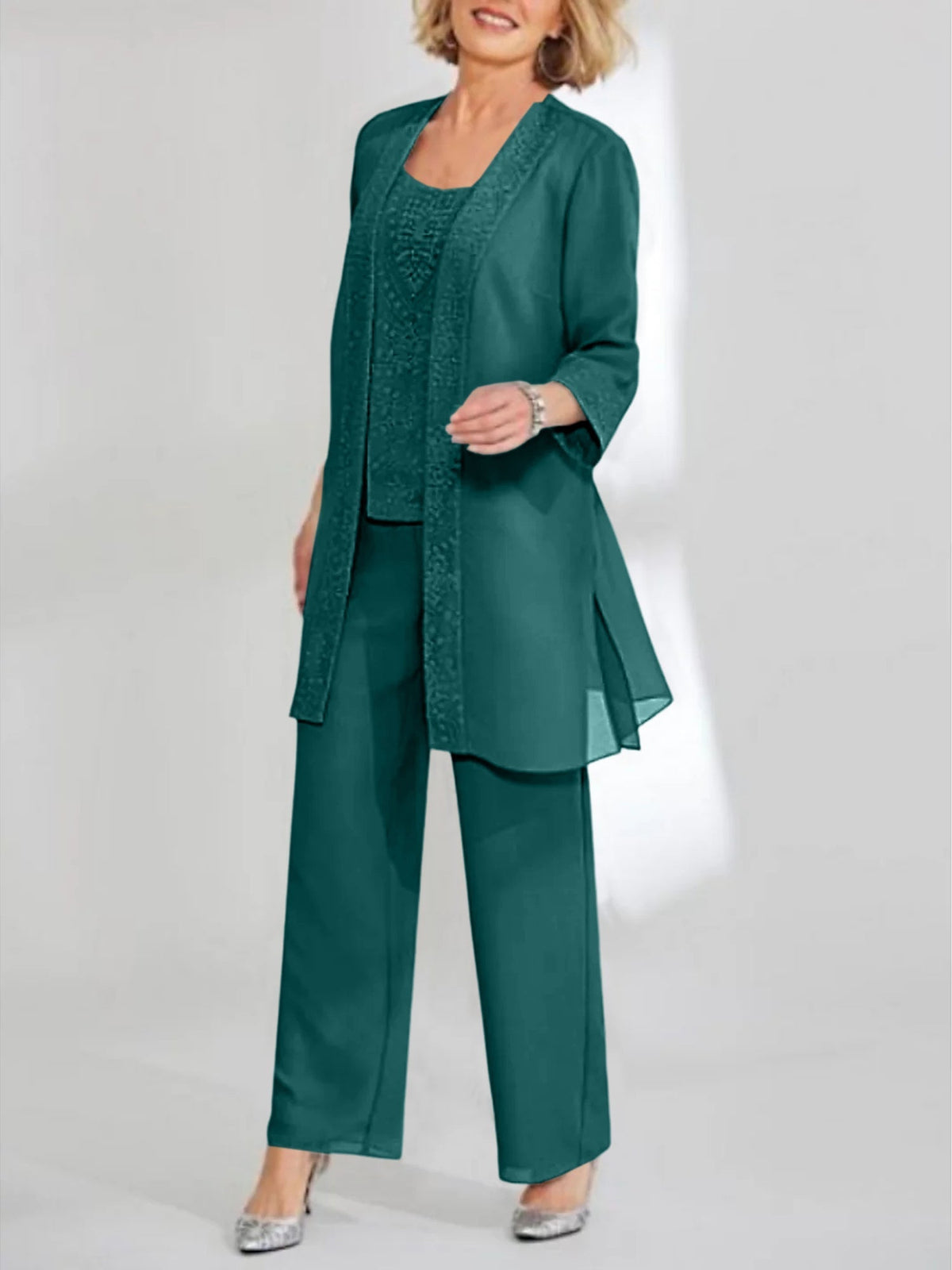 Ankle Length Chiffon Mother of the Bride Pantsuit with Jacket in Scoop Style