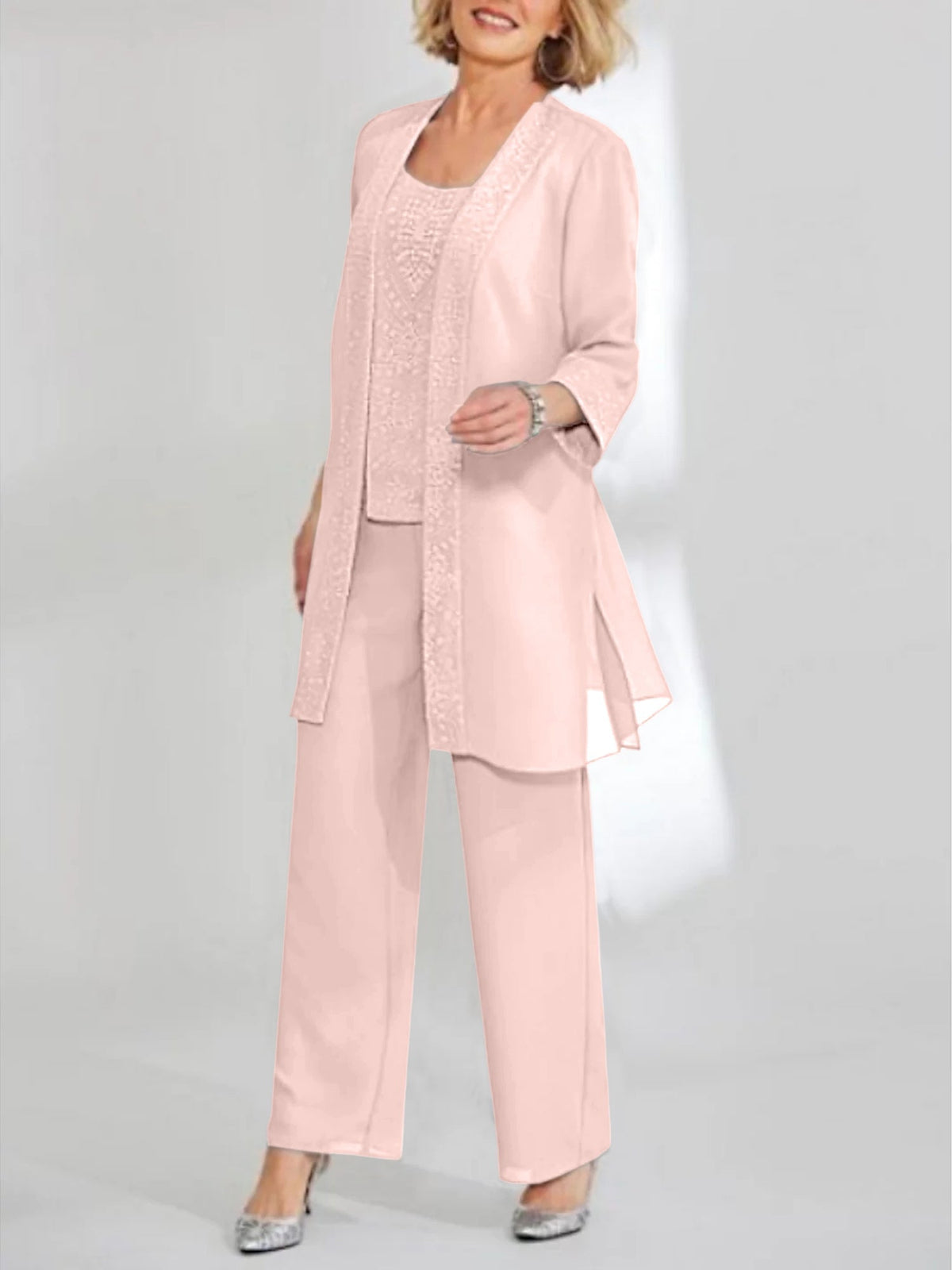 Ankle Length Chiffon Mother of the Bride Pantsuit with Jacket in Scoop Style