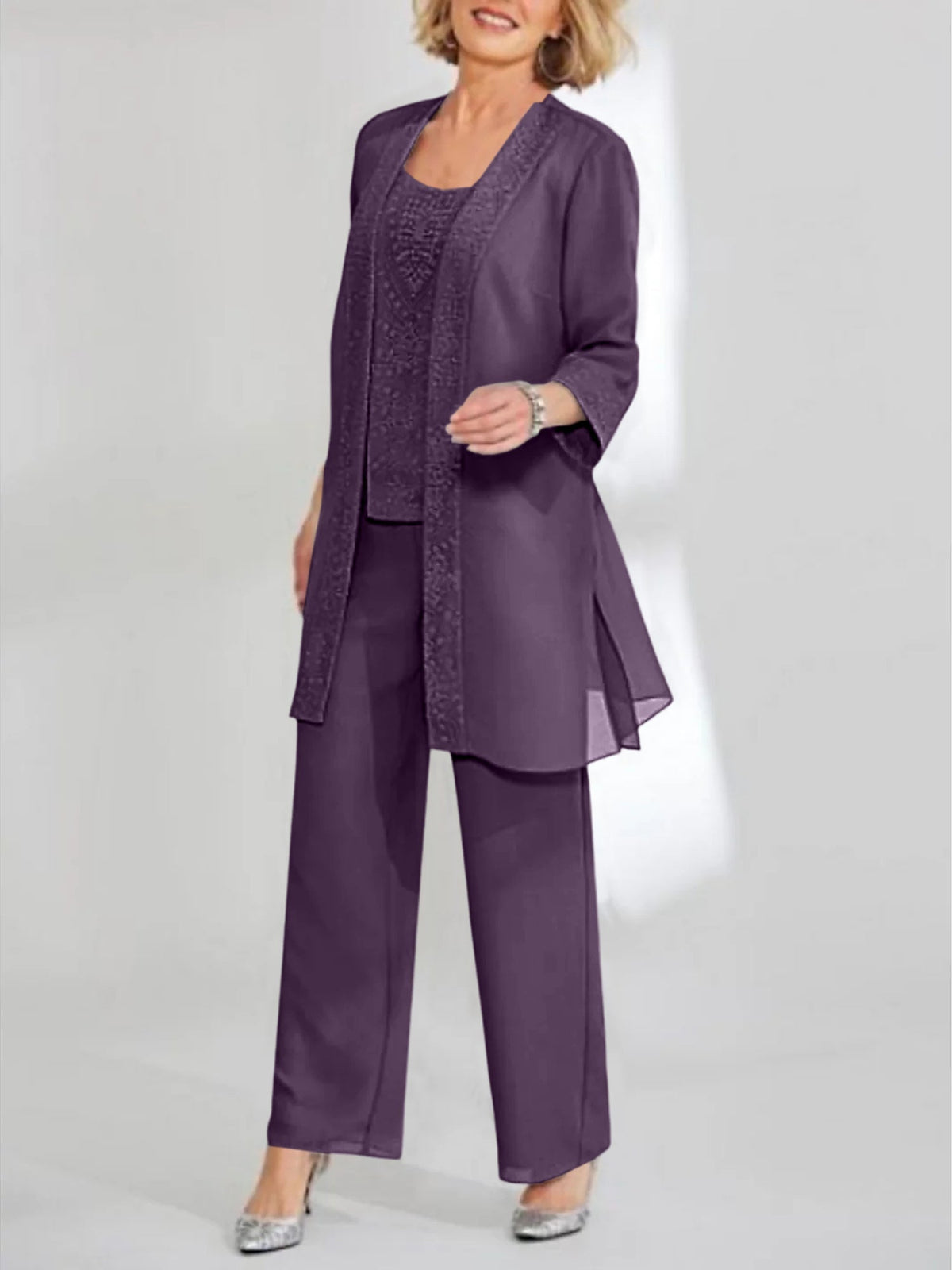 Ankle Length Chiffon Mother of the Bride Pantsuit with Jacket in Scoop Style