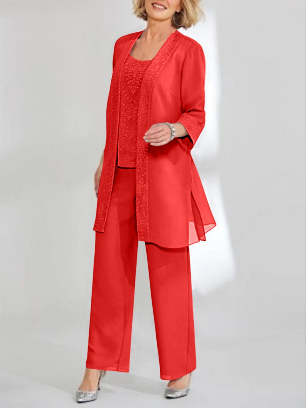 Ankle Length Chiffon Mother of the Bride Pantsuit with Jacket in Scoop Style