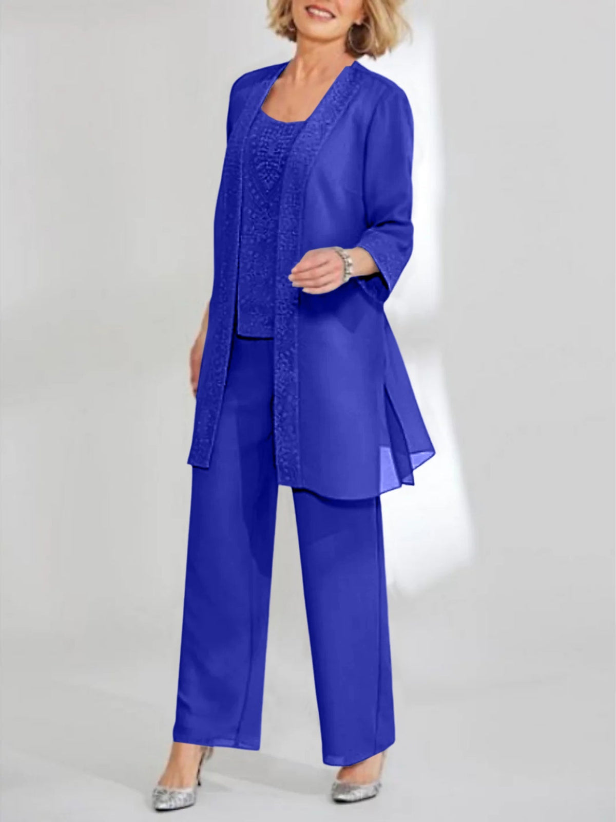 Ankle Length Chiffon Mother of the Bride Pantsuit with Jacket in Scoop Style