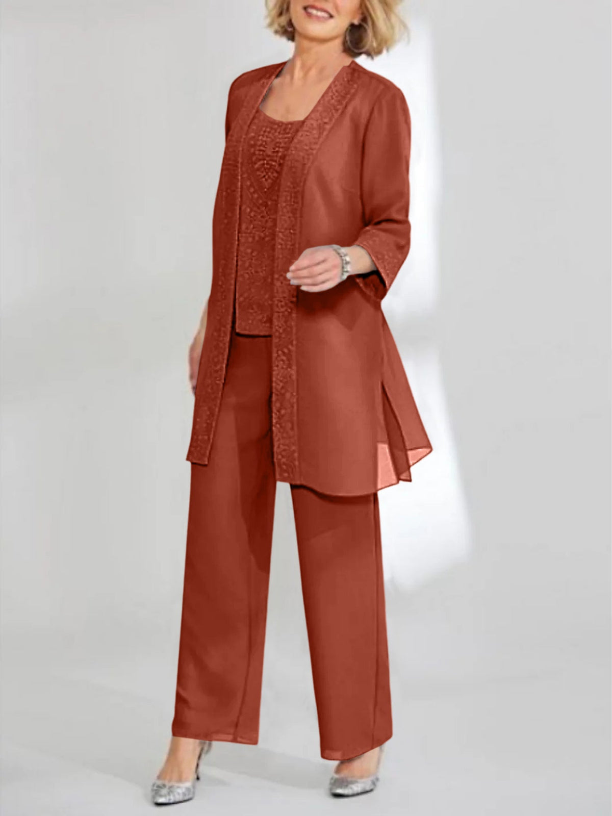 Ankle Length Chiffon Mother of the Bride Pantsuit with Jacket in Scoop Style