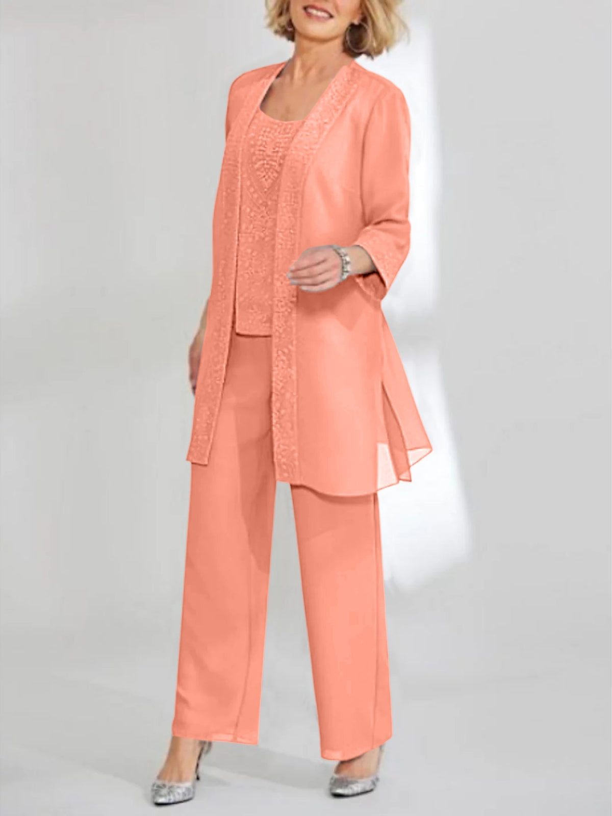 Ankle Length Chiffon Mother of the Bride Pantsuit with Jacket in Scoop Style