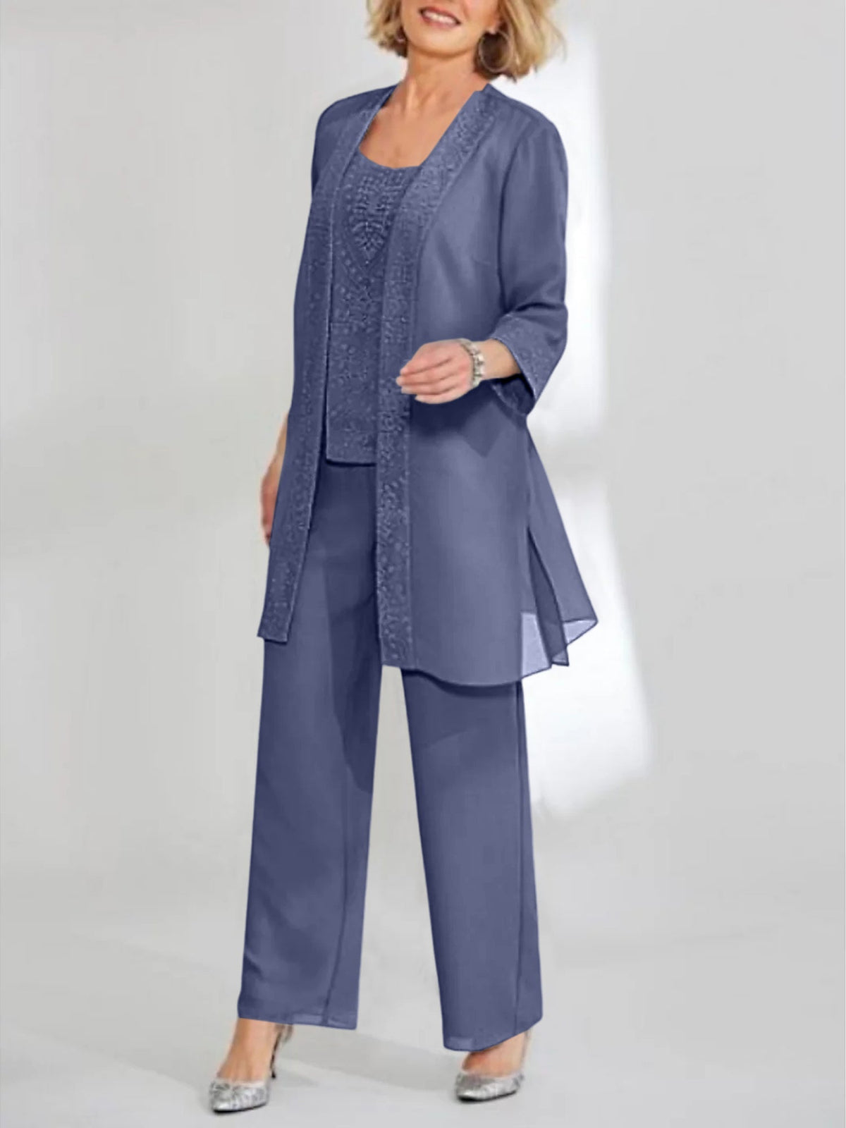 Ankle Length Chiffon Mother of the Bride Pantsuit with Jacket in Scoop Style