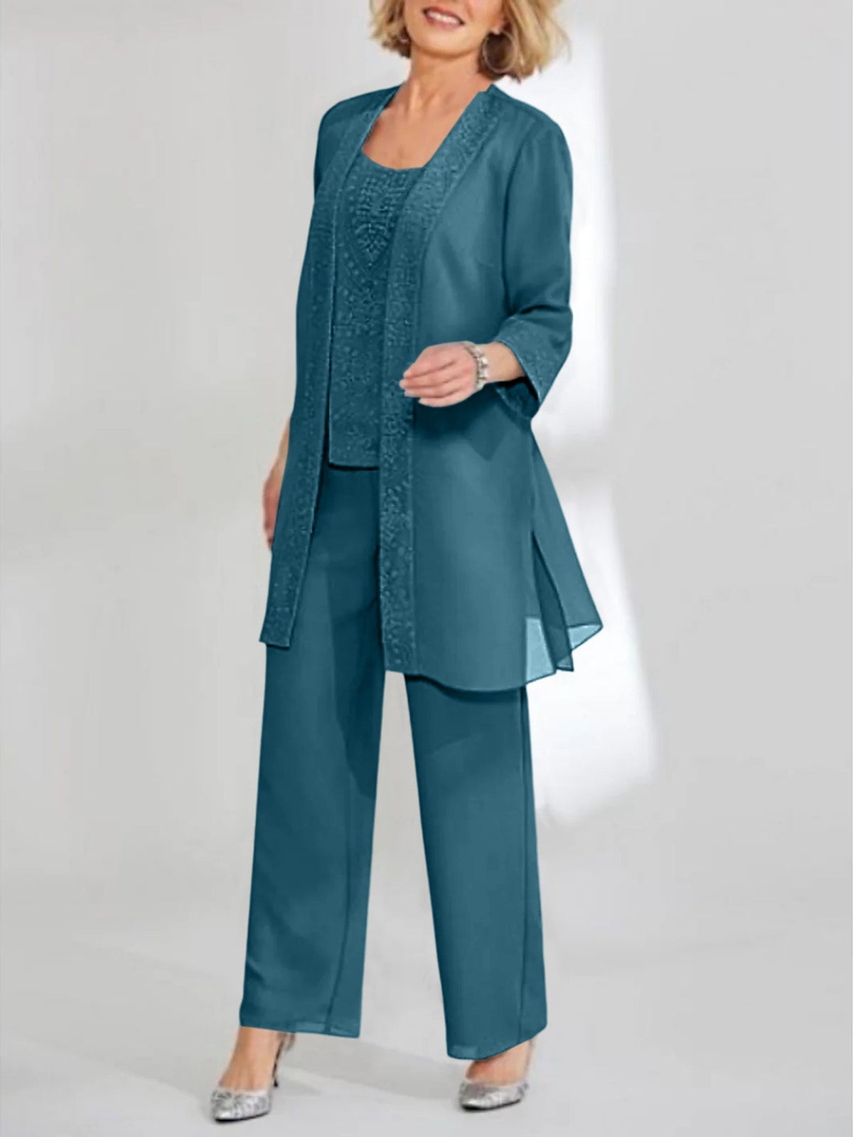 Ankle Length Chiffon Mother of the Bride Pantsuit with Jacket in Scoop Style