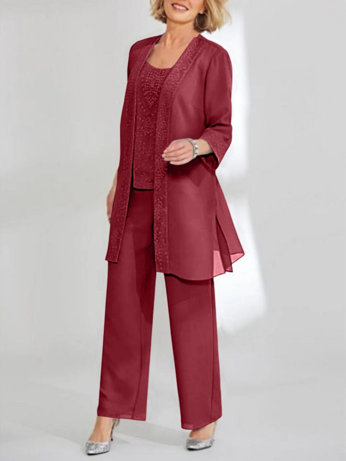 Ankle Length Chiffon Mother of the Bride Pantsuit with Jacket in Scoop Style