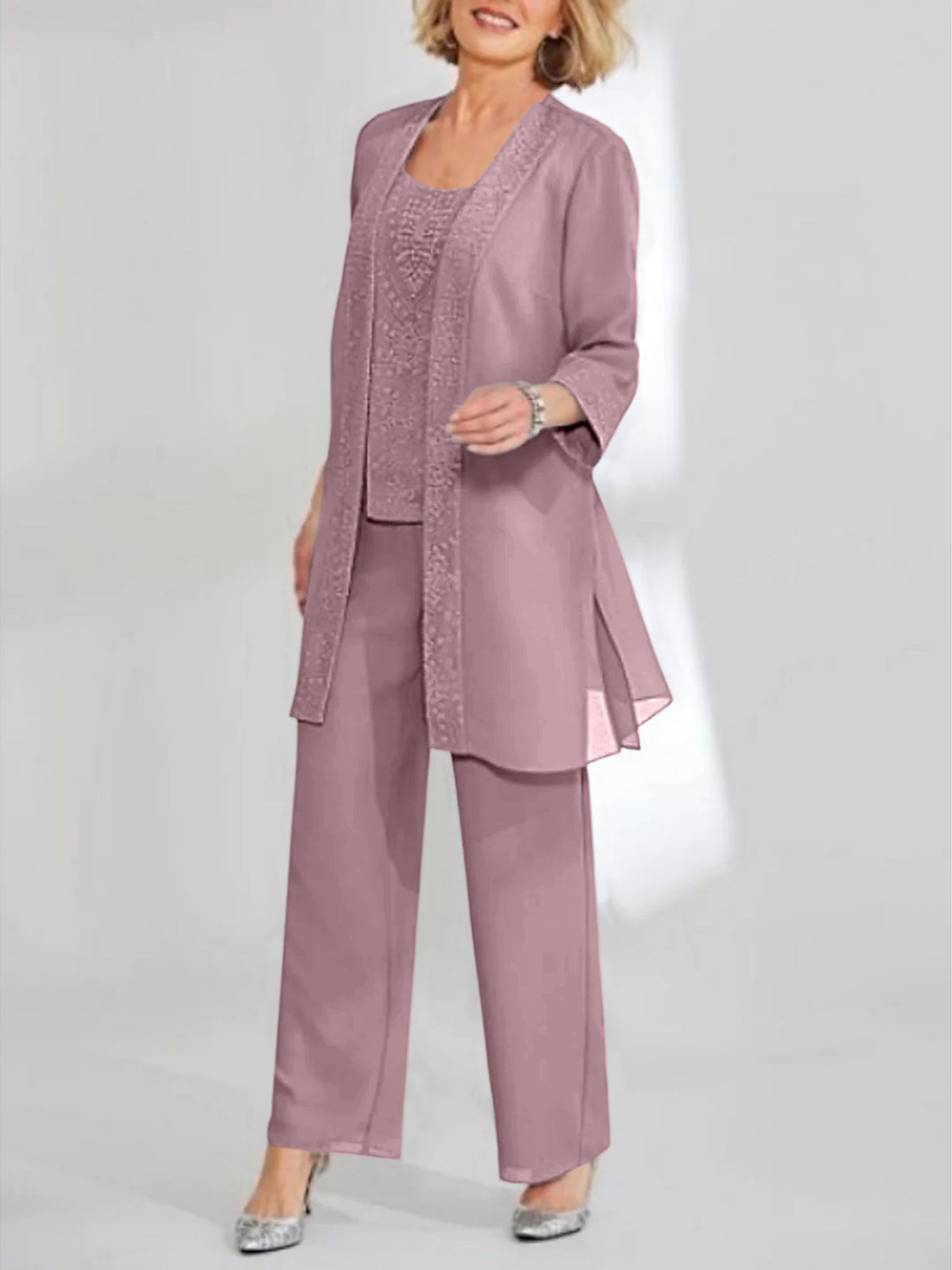 Ankle Length Chiffon Mother of the Bride Pantsuit with Jacket in Scoop Style