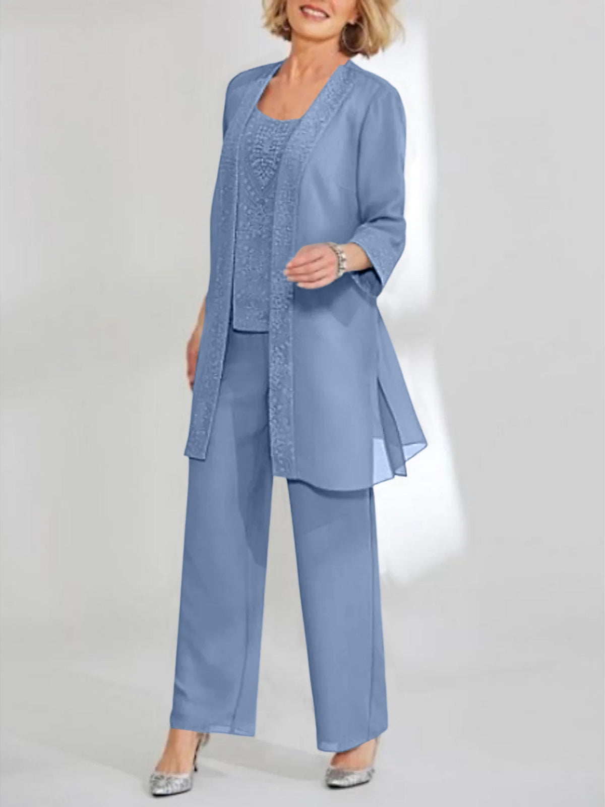 Ankle Length Chiffon Mother of the Bride Pantsuit with Jacket in Scoop Style